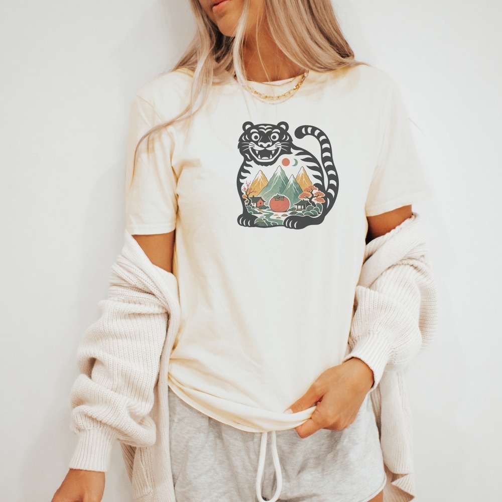 Grinning Tiger Carrying a Mountain Landscape Within Tee